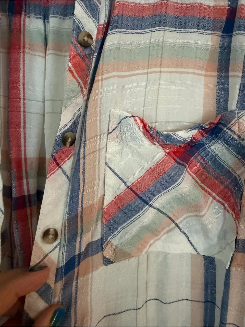Maurices Plaid Relaxed Button-Up in Cream, Blue & Red - Picture 3 of 6